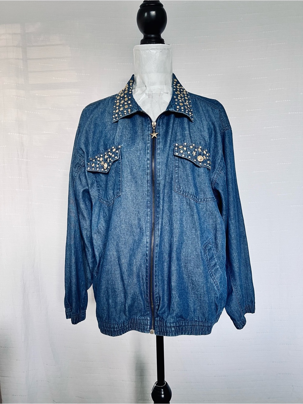 Abvien Vintage Denim Studded Zip Jacket with Two Side Pockets Sz L
